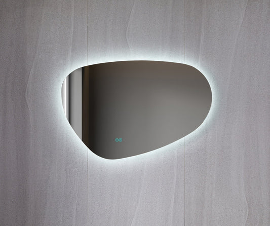 Asymmetrischer, organisch geformter Spiegel mit LED-Beleuchtung und Antibeschlag-Funktion, 100 cm breit und 65 cm hoch
