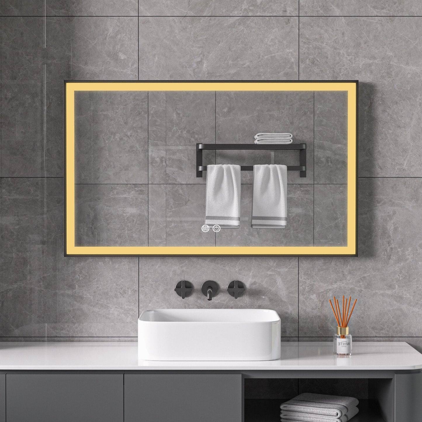 Spiegel mit schwarzem Rahmen, LED, Antibeschlag-Funktion, 60 x 100 cm