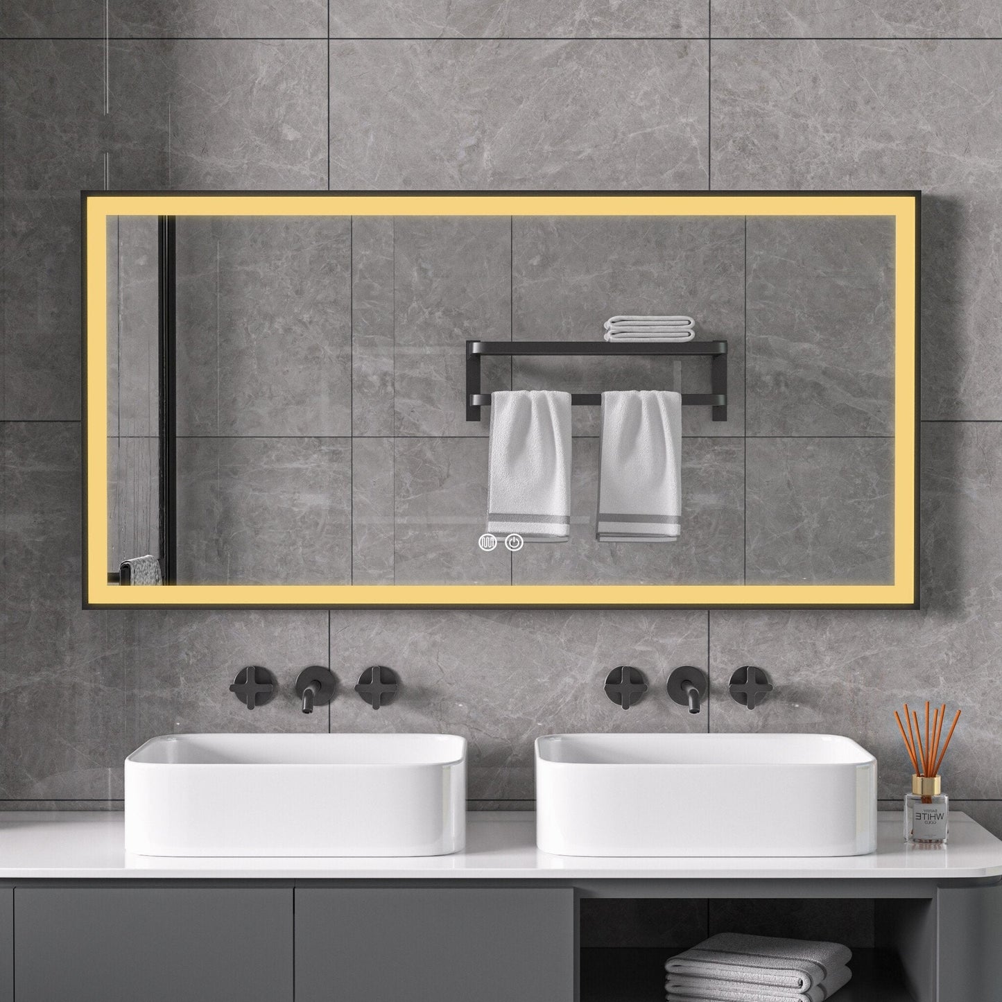 Spiegel mit schwarzem Rahmen, LED, Antibeschlag-Funktion, 60 x 120 cm