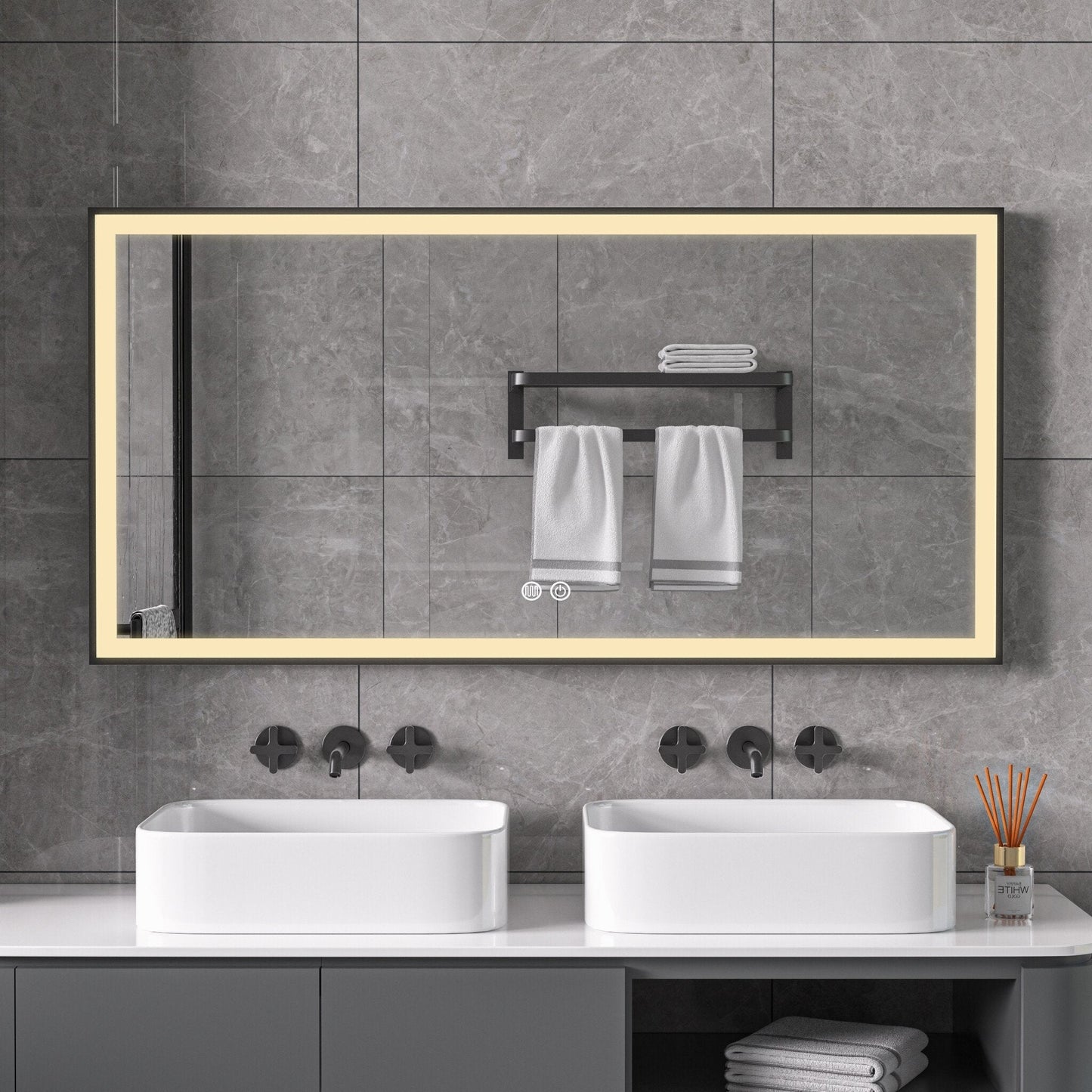 Spiegel mit schwarzem Rahmen, LED, Antibeschlag-Funktion, 60 x 120 cm
