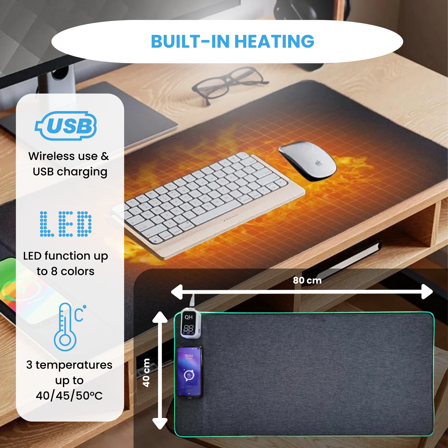 Beheizte Schreibtischunterlage mit kabelloser Ladefunktion und LED