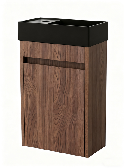 Nurion Waschtischunterschrank Emma - Waschbecken Mattschwarz und Möbel Nussbaum - 41 x 22,5 x 65 cm