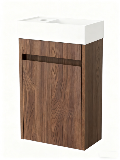 Nurion Waschtischunterschrank Vince - Waschbecken Glänzend Weiß und Schrank aus dunklem Holz - 41 x 22,5 x 65 cm
