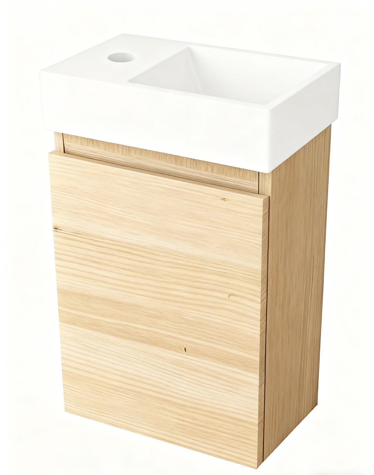 Nurion Badmöbel Mees - Waschbecken Glänzend Weiß und Schrank aus hellem Holz - 41 x 22,5 x 65 cm