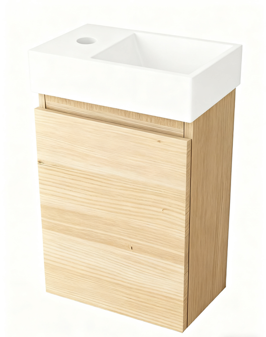 Nurion Badmöbel Mees - Waschbecken Glänzend Weiß und Schrank aus hellem Holz - 41 x 22,5 x 65 cm