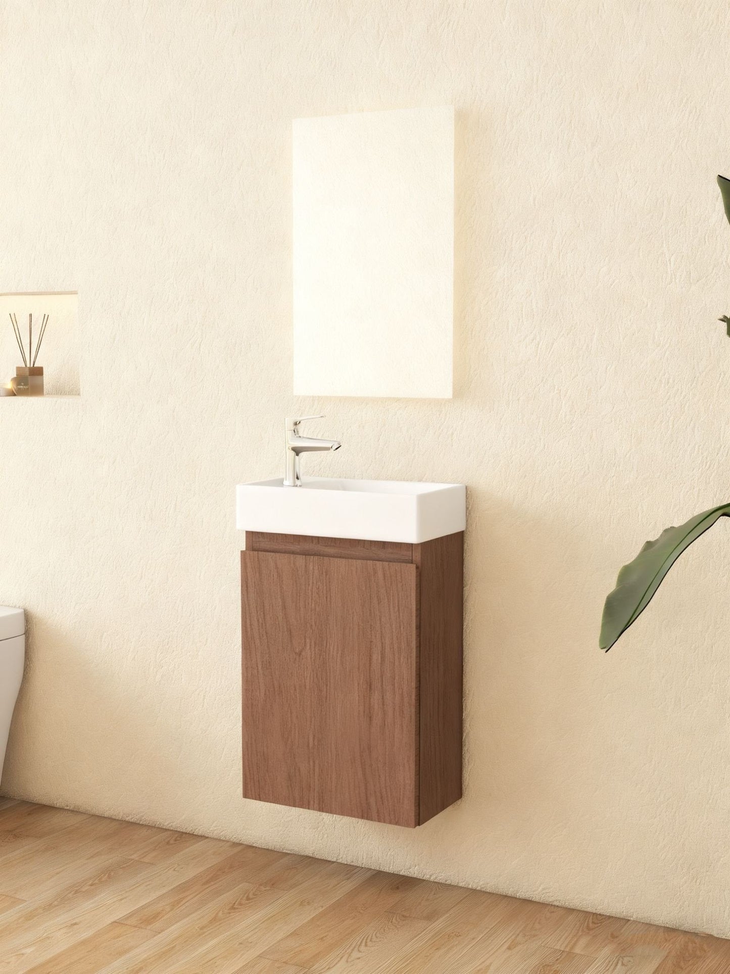 Waschtischunterschrank Nurion Finn - Waschbecken Glänzend Weiß und Möbel aus dunklem Holz - 41 x 22,5 x 65 cm