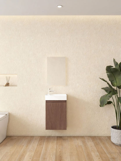 Waschtischunterschrank Nurion Finn - Waschbecken Glänzend Weiß und Möbel aus dunklem Holz - 41 x 22,5 x 65 cm