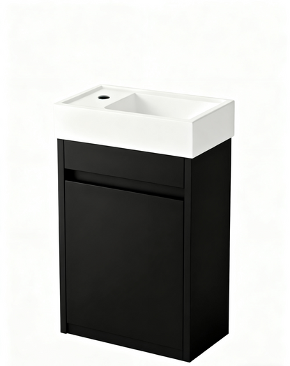 Waschtischunterschrank Nurion Tess - Waschbecken Glänzend Weiß und Schrank aus schwarzem Holz - 41 x 22,5 x 65 cm