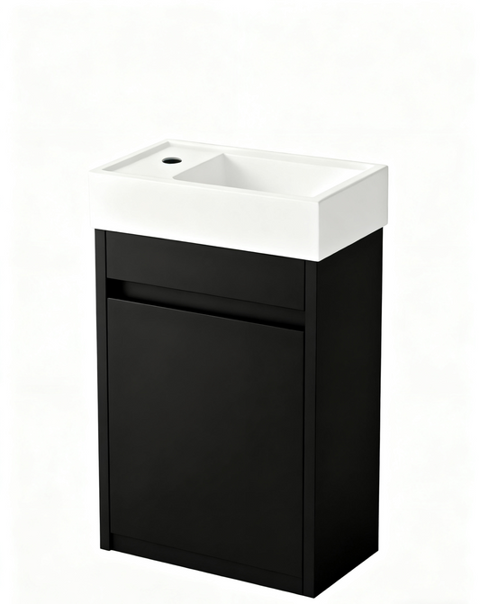 Waschtischunterschrank Nurion Tess - Waschbecken Glänzend Weiß und Schrank aus schwarzem Holz - 41 x 22,5 x 65 cm